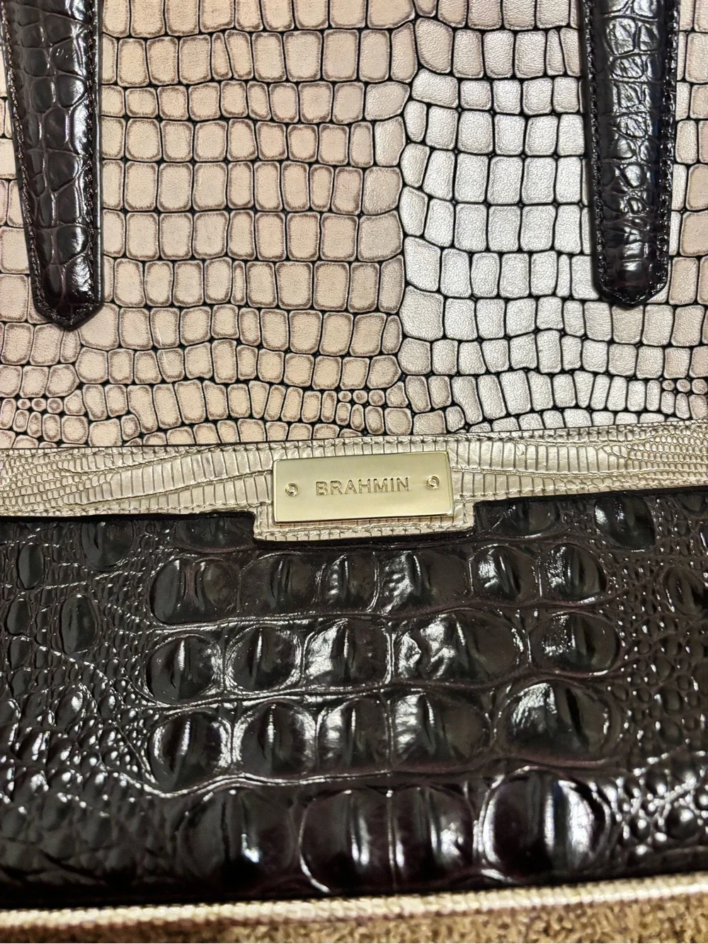 Brahmin Two-Tone Croc-Embossed Satchel in Cream & Dark Brown